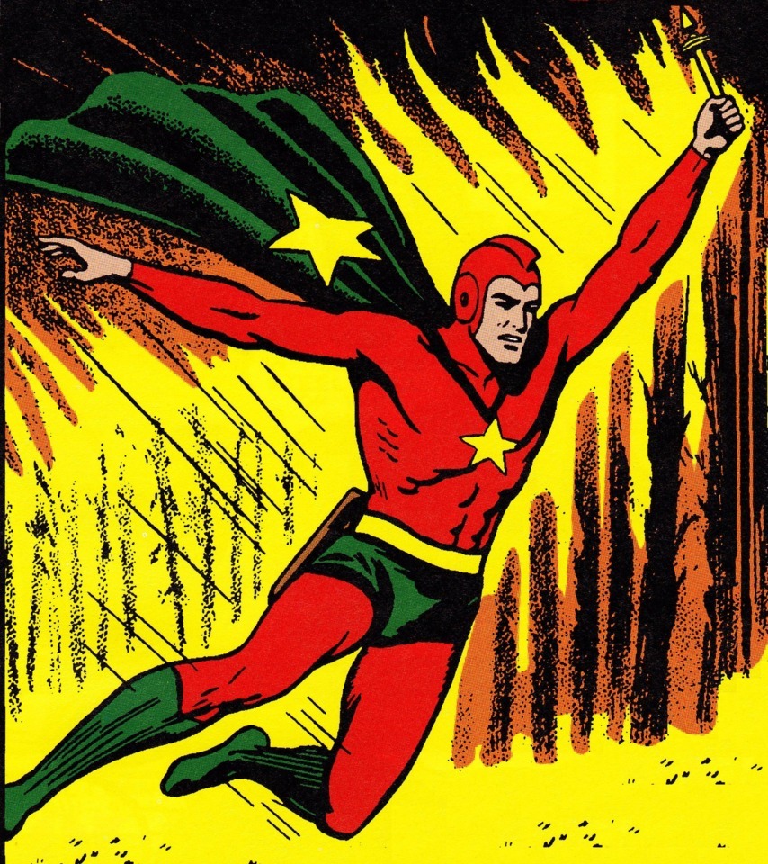 Ted Knight, el Starman original, usaba un traje rojo y verde con un casco con aleta y su característica vara cósmica